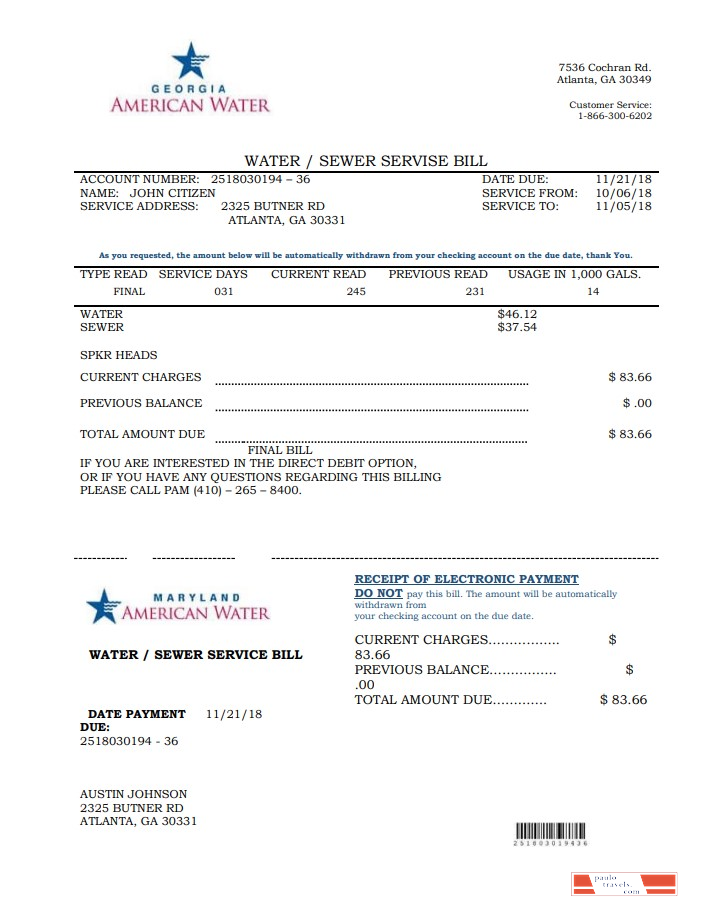 USA Maryland Georgia Water utility bill template in Word and PDF format (.doc and .pdf)